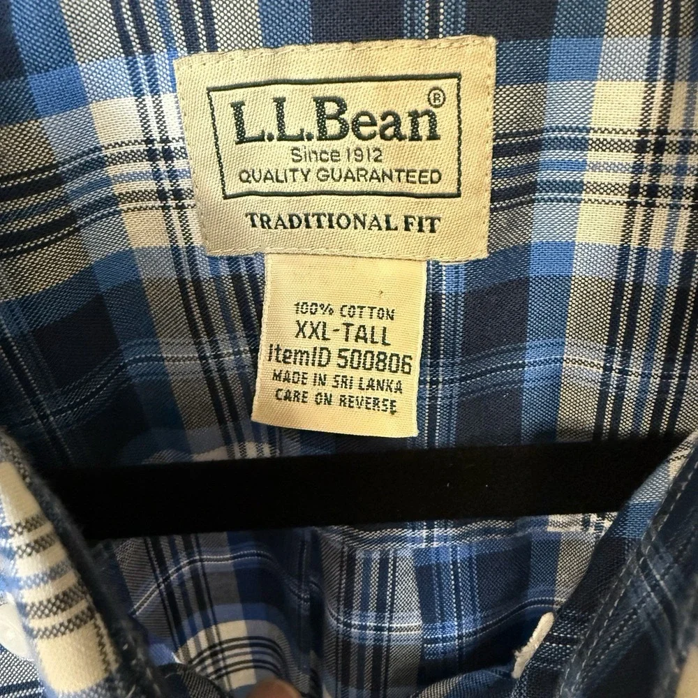L.L. Bean Men's XXL Tall Blue Plaid Long Sleeve Button-Up Shirt 100% Cotton